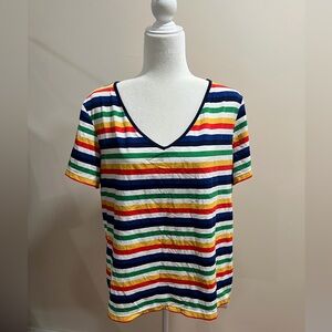 Saint James Rainbow Striped UV Protection Stretch V Neck Short Sleeve Top Sz. XL